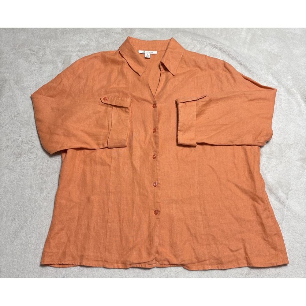 JM Collection Linen Shirt Womens Size 14 Orange Button Up Roll Tab Sleeve